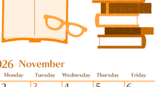 2026年11月縦型日曜始まり 読書イラストのおしゃれA4無料オレンジのカレンダー(2026-01081110)