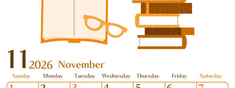 2026年11月縦型日曜始まり 読書イラストのおしゃれA4無料オレンジのカレンダー(2026-01081110)