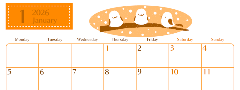 2026年1月横型月曜始まり イラストのおしゃれA4無料オレンジのカレンダー(2026-01080101)