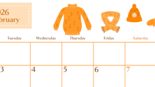 2026年2月横型月曜始まり イラストのおしゃれA4無料オレンジのカレンダー(2026-01080201)