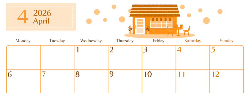 2026年4月横型月曜始まり 新生活イラストのおしゃれA4無料オレンジのカレンダー(2026-01080401)