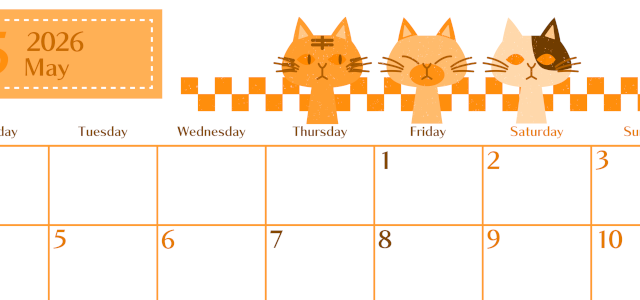 2026年5月横型月曜始まり 猫たちイラストのおしゃれA4無料オレンジのカレンダー(2026-01080501)