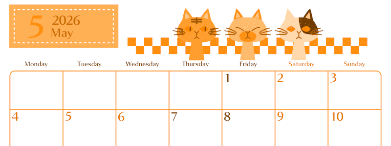 2026年5月横型月曜始まり 猫たちイラストのおしゃれA4無料オレンジのカレンダー(2026-01080501)
