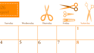 2026年8月横型月曜始まり ハサミイラストのおしゃれA4無料オレンジのカレンダー(2026-01080801)