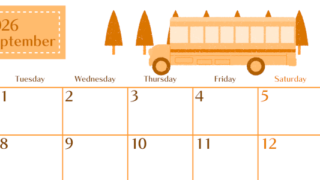 2026年9月横型月曜始まり バスイラストのおしゃれA4無料オレンジのカレンダー(2026-01080901)