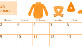 2026年2月横型日曜始まり イラストのおしゃれA4無料オレンジのカレンダー(2026-01080200)