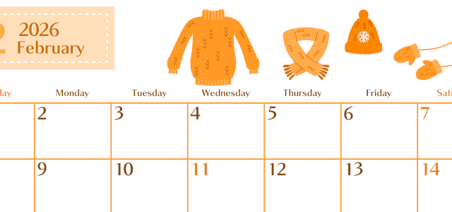 2026年2月横型日曜始まり イラストのおしゃれA4無料オレンジのカレンダー(2026-01080200)