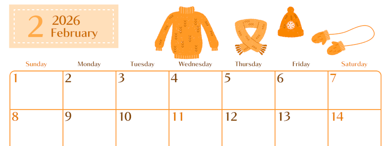 2026年2月横型日曜始まり イラストのおしゃれA4無料オレンジのカレンダー(2026-01080200)