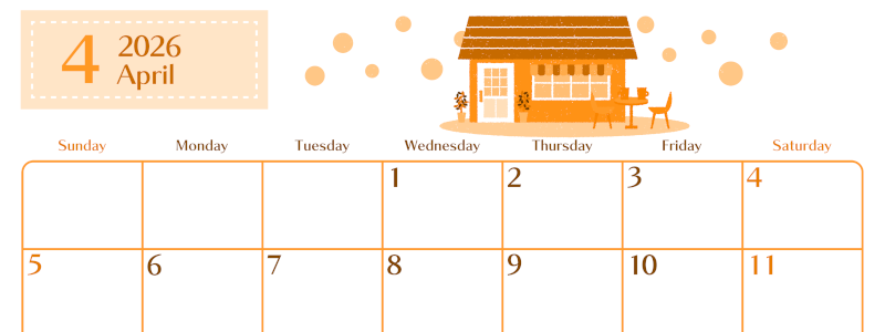 2026年4月横型日曜始まり 新生活イラストのおしゃれA4無料オレンジのカレンダー(2026-01080400)