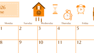 2026年6月横型日曜始まり 時計イラストのおしゃれA4無料オレンジのカレンダー(2026-01080600)