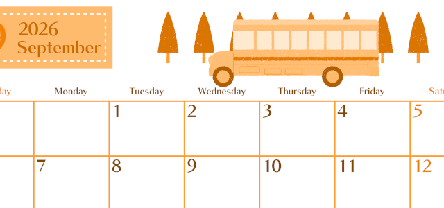 2026年9月横型日曜始まり バスイラストのおしゃれA4無料オレンジのカレンダー(2026-01080900)