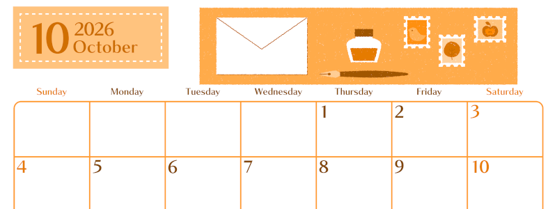 2026年10月横型日曜始まり 手紙イラストのおしゃれA4無料オレンジのカレンダー(2026-01081000)