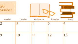 2026年11月横型日曜始まり 読書イラストのおしゃれA4無料オレンジのカレンダー(2026-01081100)