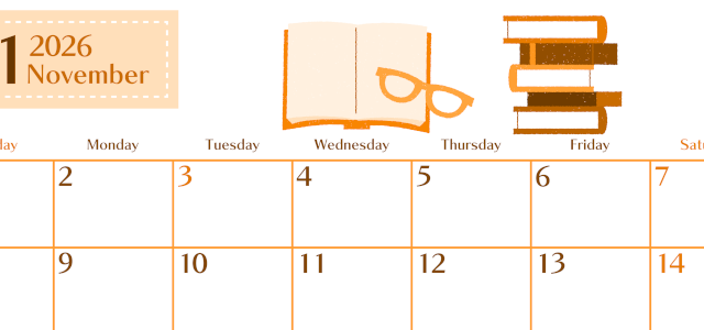 2026年11月横型日曜始まり 読書イラストのおしゃれA4無料オレンジのカレンダー(2026-01081100)