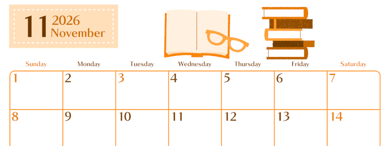 2026年11月横型日曜始まり 読書イラストのおしゃれA4無料オレンジのカレンダー(2026-01081100)