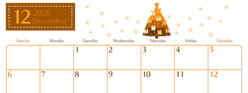 2026年12月横型日曜始まり クリスマスツリーイラストのおしゃれA4無料オレンジのカレンダー(2026-01081200)