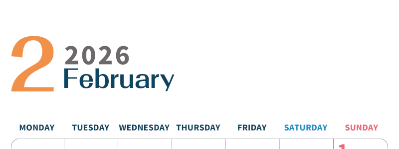 2026年2月縦型月曜始まり 書き込みしやすい文字が大きなA4無料シンプルなカレンダー(2026-01090211)