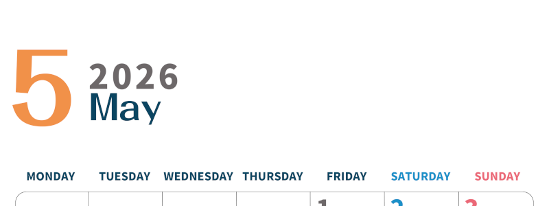 2026年5月縦型月曜始まり 書き込みしやすい文字が大きなA4無料シンプルなカレンダー(2026-01090511)