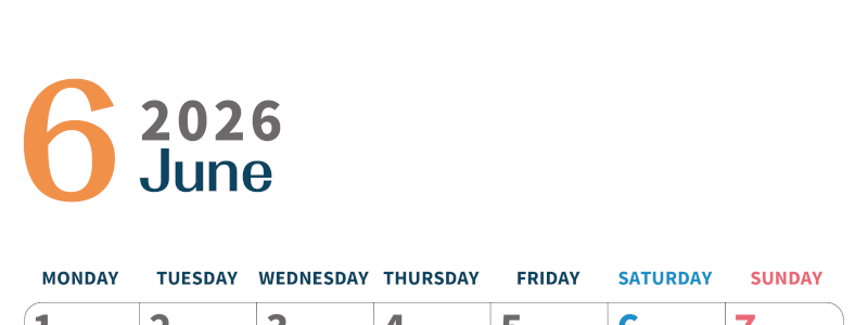 2026年6月縦型月曜始まり 書き込みしやすい文字が大きなA4無料シンプルなカレンダー(2026-01090611)