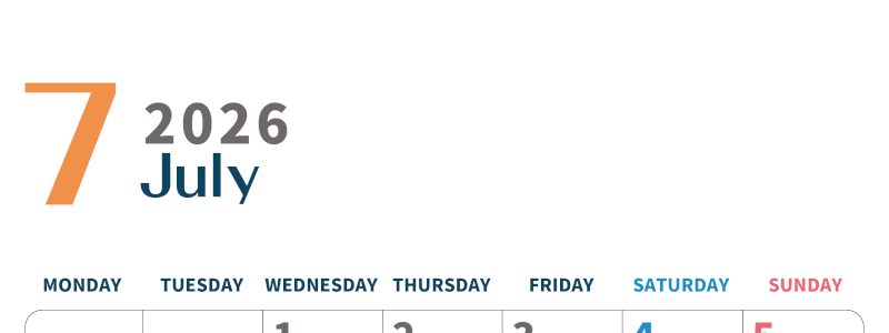 2026年7月縦型月曜始まり  書き込みしやすい文字が大きなA4無料シンプルなカレンダー(2026-01090711)