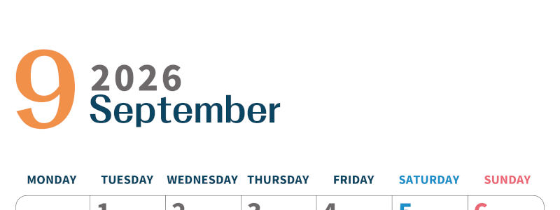 2026年9月縦型月曜始まり 書き込みしやすい文字が大きなA4無料シンプルなカレンダー(2026-01090911)