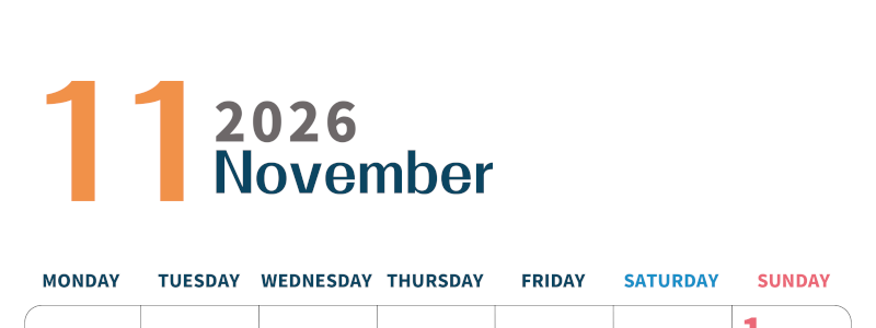 2026年11月縦型月曜始まり 書き込みしやすい文字が大きなA4無料シンプルなカレンダー(2026-01091111)