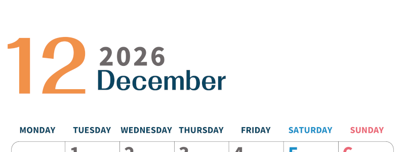 2026年12月縦型月曜始まり 書き込みしやすい文字が大きなA4無料シンプルなカレンダー(2026-01091211)