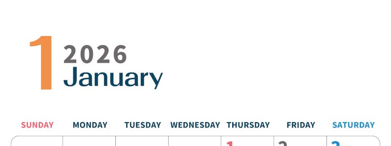 2026年1月縦型日曜始まり 書き込みしやすい文字が大きなA4無料シンプルなカレンダー(2026-01090110)