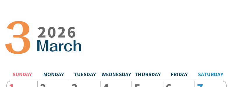 2026年3月縦型日曜始まり 書き込みしやすい文字が大きなA4無料シンプルなカレンダー(2026-01090310)