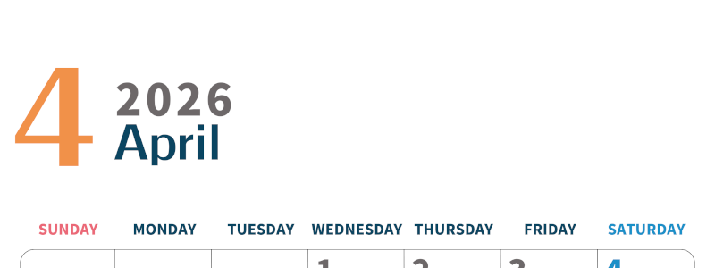 2026年4月縦型日曜始まり 書き込みしやすい文字が大きなA4無料シンプルなカレンダー(2026-01090410)