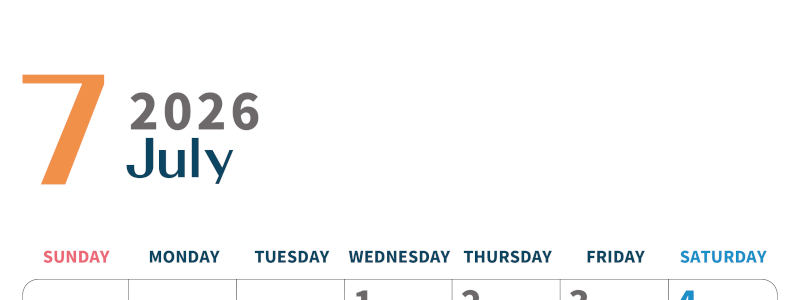 2026年7月縦型日曜始まり  書き込みしやすい文字が大きなA4無料シンプルなカレンダー(2026-01090710)