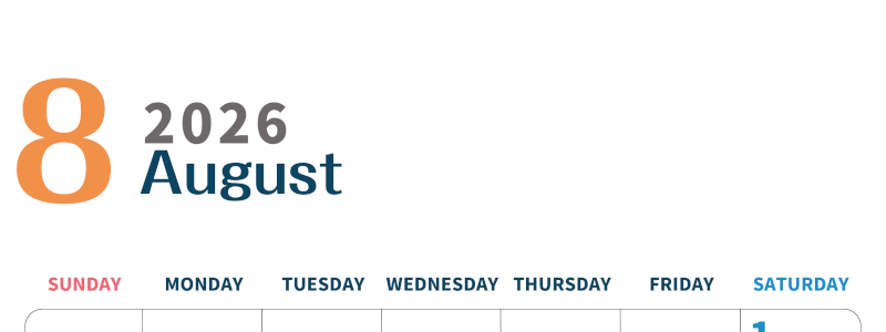 2026年8月縦型日曜始まり 書き込みしやすい文字が大きなA4無料シンプルなカレンダー(2026-01090810)
