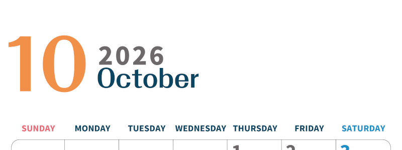2026年10月縦型日曜始まり 書き込みしやすい文字が大きなA4無料シンプルなカレンダー(2026-01091010)
