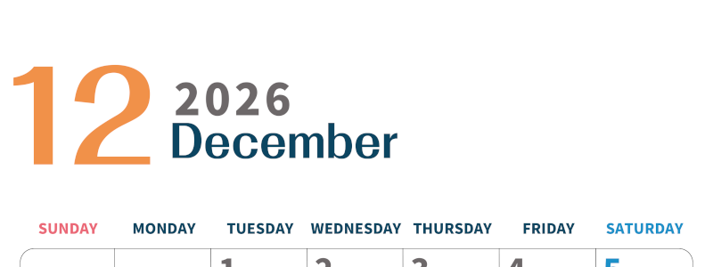2026年12月縦型日曜始まり 書き込みしやすい文字が大きなA4無料シンプルなカレンダー(2026-01091210)