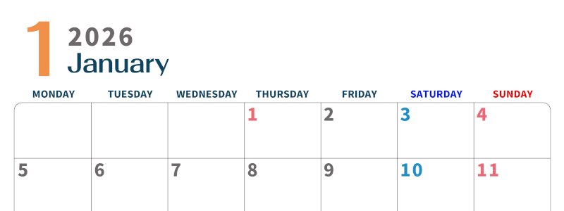 2026年1月横型月曜始まり 書き込みしやすい文字が大きなA4無料シンプルなカレンダー(2026-01090101)