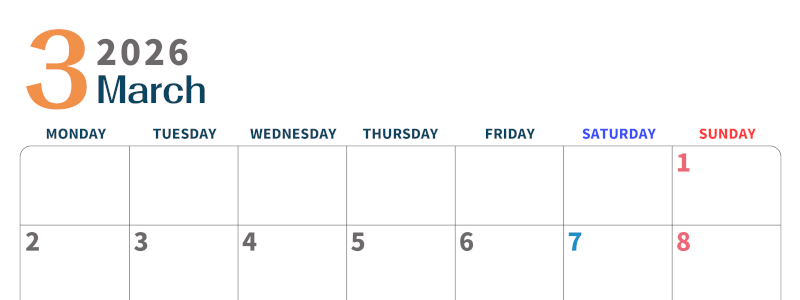 2026年3月横型月曜始まり 書き込みしやすい文字が大きなA4無料シンプルなカレンダー(2026-01090301)