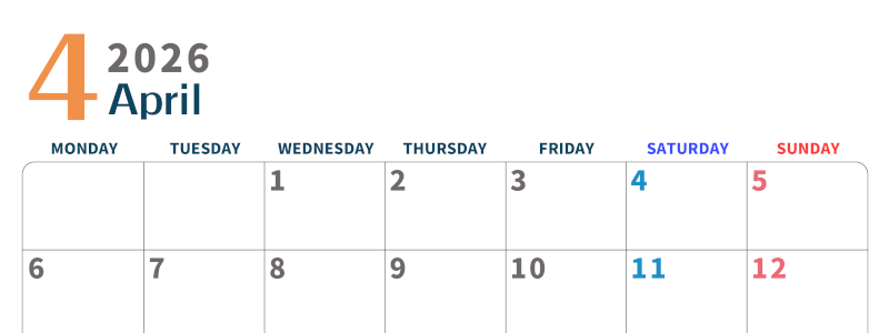2026年4月横型月曜始まり 書き込みしやすい文字が大きなA4無料シンプルなカレンダー(2026-01090401)