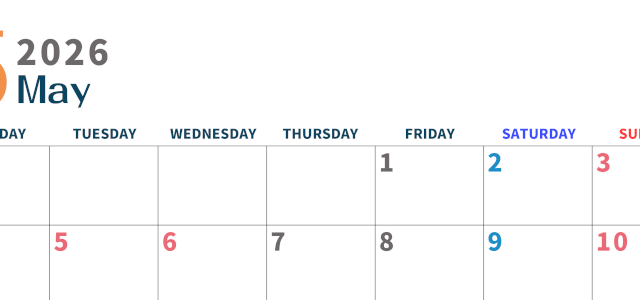 2026年5月横型月曜始まり 書き込みしやすい文字が大きなA4無料シンプルなカレンダー(2026-01090501)