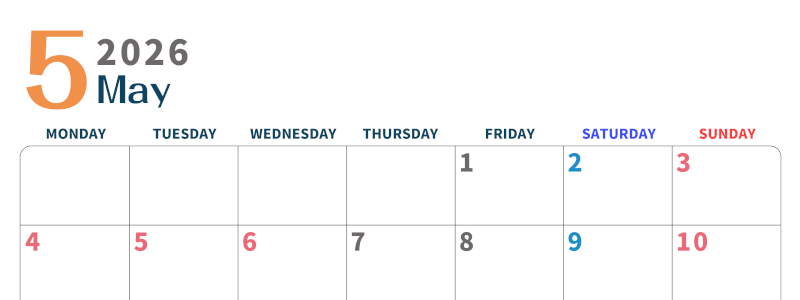 2026年5月横型月曜始まり 書き込みしやすい文字が大きなA4無料シンプルなカレンダー(2026-01090501)