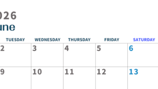 2026年6月横型月曜始まり 書き込みしやすい文字が大きなA4無料シンプルなカレンダー(2026-01090601)