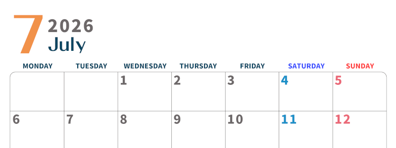 2026年7月横型月曜始まり  書き込みしやすい文字が大きなA4無料シンプルなカレンダー(2026-01090701)