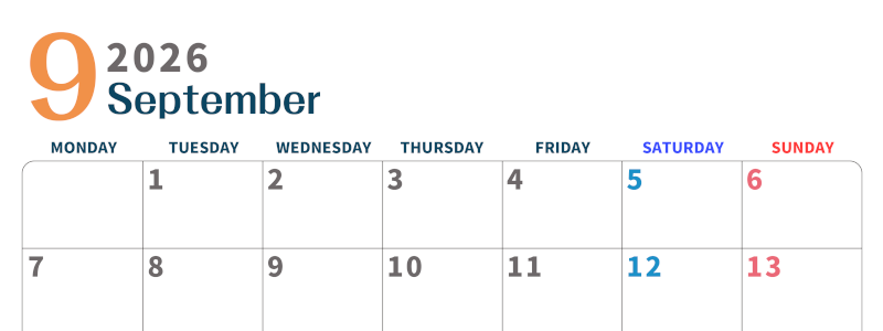 2026年9月横型月曜始まり 書き込みしやすい文字が大きなA4無料シンプルなカレンダー(2026-01090901)