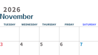 2026年11月横型月曜始まり 書き込みしやすい文字が大きなA4無料シンプルなカレンダー(2026-01091101)