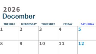 2026年12月横型月曜始まり 書き込みしやすい文字が大きなA4無料シンプルなカレンダー(2026-01091201)