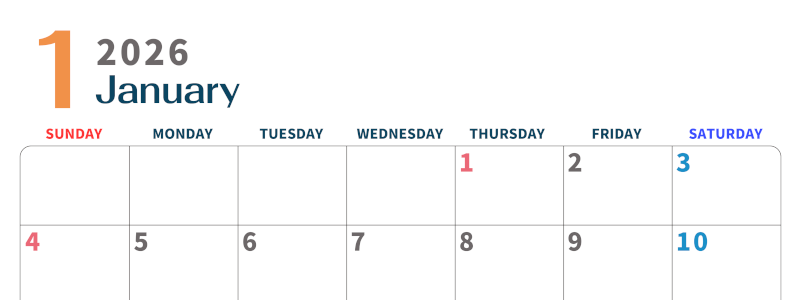 2026年1月横型日曜始まり 書き込みしやすい文字が大きなA4無料シンプルなカレンダー(2026-01090100)