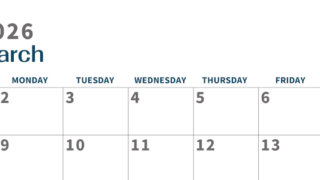 2026年3月横型日曜始まり 書き込みしやすい文字が大きなA4無料シンプルなカレンダー(2026-01090300)