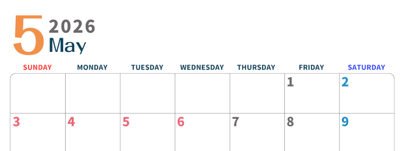 2026年5月横型日曜始まり 書き込みしやすい文字が大きなA4無料シンプルなカレンダー(2026-01090500)