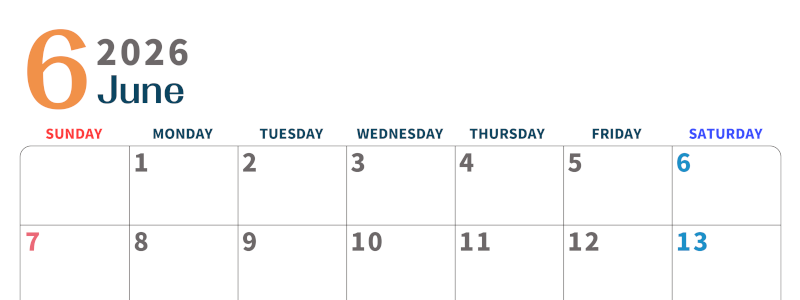 2026年6月横型日曜始まり 書き込みしやすい文字が大きなA4無料シンプルなカレンダー(2026-01090600)
