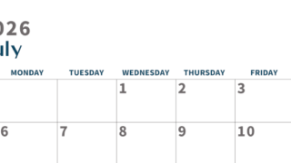2026年7月横型日曜始まり 書き込みしやすい文字が大きなA4無料シンプルなカレンダー(2026-01090700)