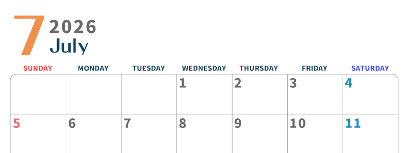 2026年7月横型日曜始まり 書き込みしやすい文字が大きなA4無料シンプルなカレンダー(2026-01090700)